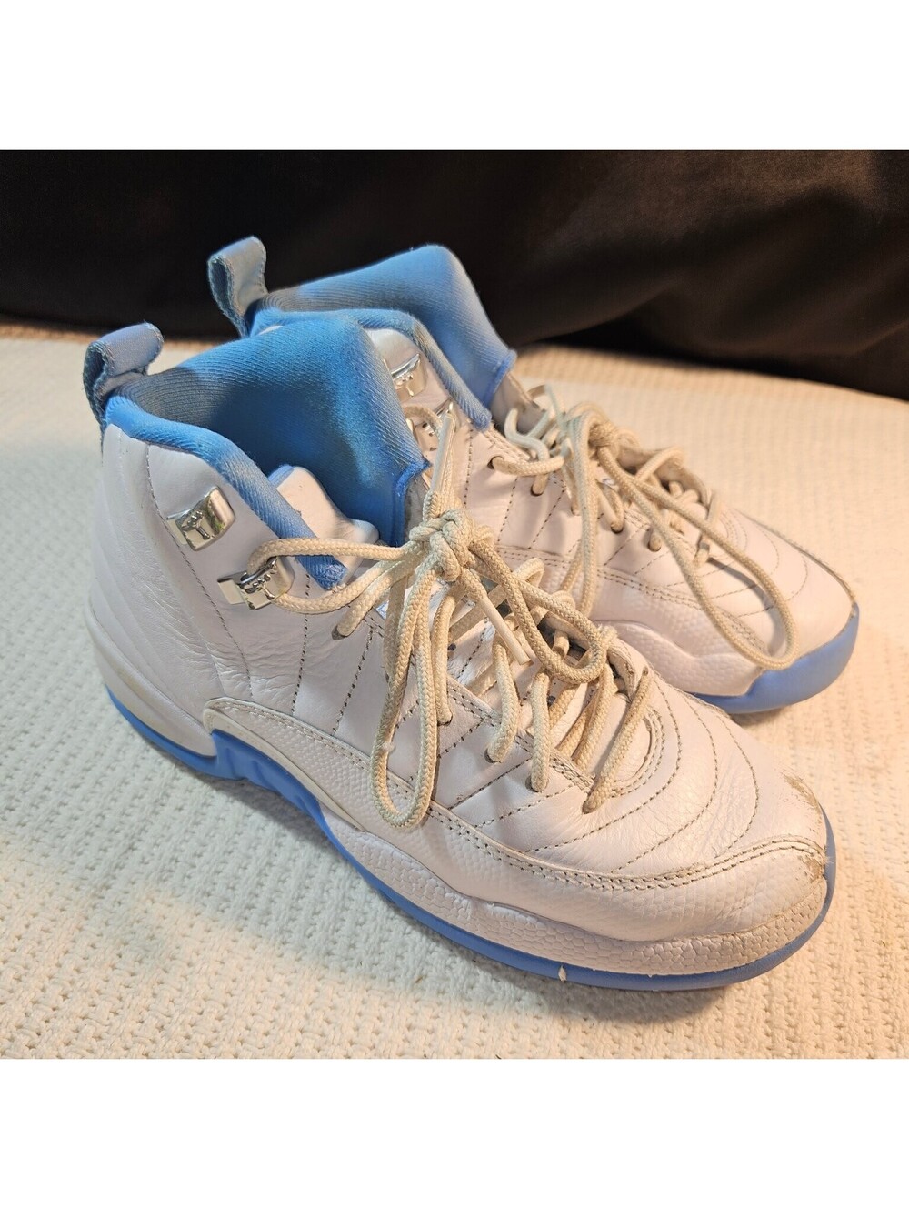 Jordan Air 12 Retro Sneakers Unisex Kids White Blue US 4Y Lace Up Basketball